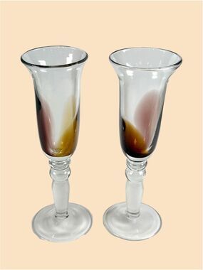 Pair of MCM Hand Blown Champagne Flutes Sommerso Studio Art Glass Amber Purple